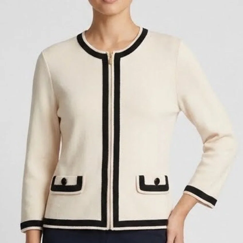 St. John Caviar Cream Black Contrast Trim Wool Knit Zip Front Jacket Old Money 8